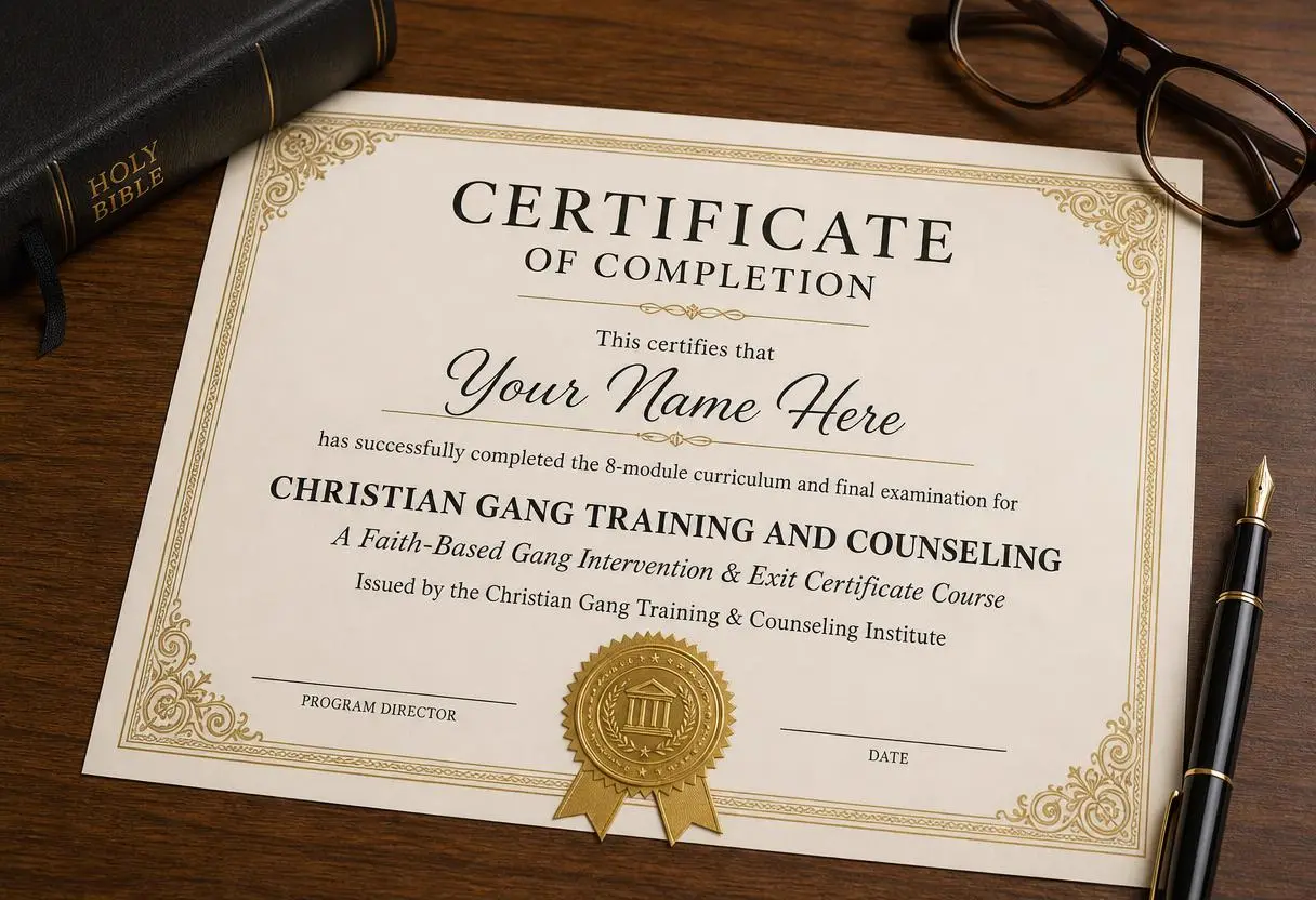 Christian Gang Training and Counseling certificate of completion displayed with a Bible and fountain pen