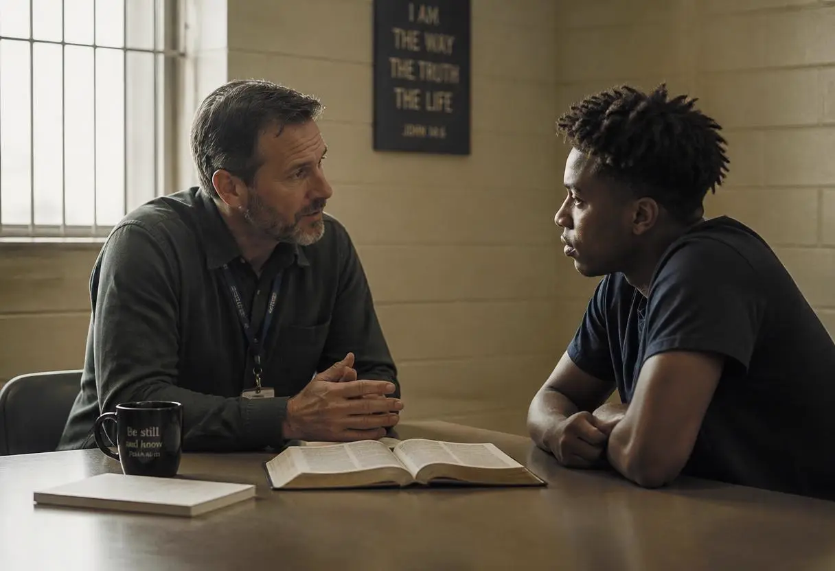 A counselor and a young man talking across a table with an open Bible in an institutional room
